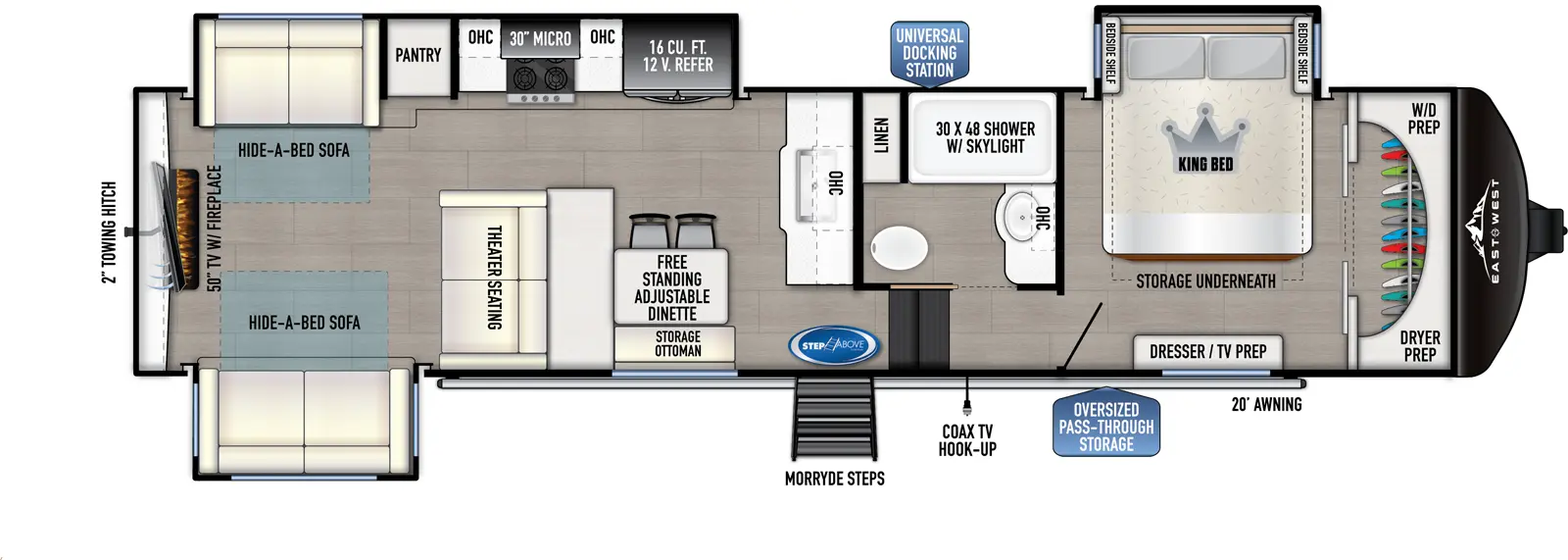 The 340RD has 3 slideouts and one entry. Exterior features an oversized pass through storage, universal docking station, MORryde steps, coax TV hookup, 20 foot awning, and 2 inch towing hitch. Interior layout front to back: front closet with washer/dryer prep, off-door side king bed slideout with storage underneath, and door side dresser with TV prep; off-door side full bathroom with overhead cabinet, linen closet, and shower with skylight; steps down to main living area and entry; kitchen counter with sink and overhead cabinet along inner wall; off-door side slideout with 12V refrigerator, overhead cabinet, microwave, cooktop, pantry, and hide-a-bed sofa; door side free-standing adjustable dinette with storage ottoman, counter, theater seating, and a hide-a-bed sofa slideout; rear TV with fireplace.